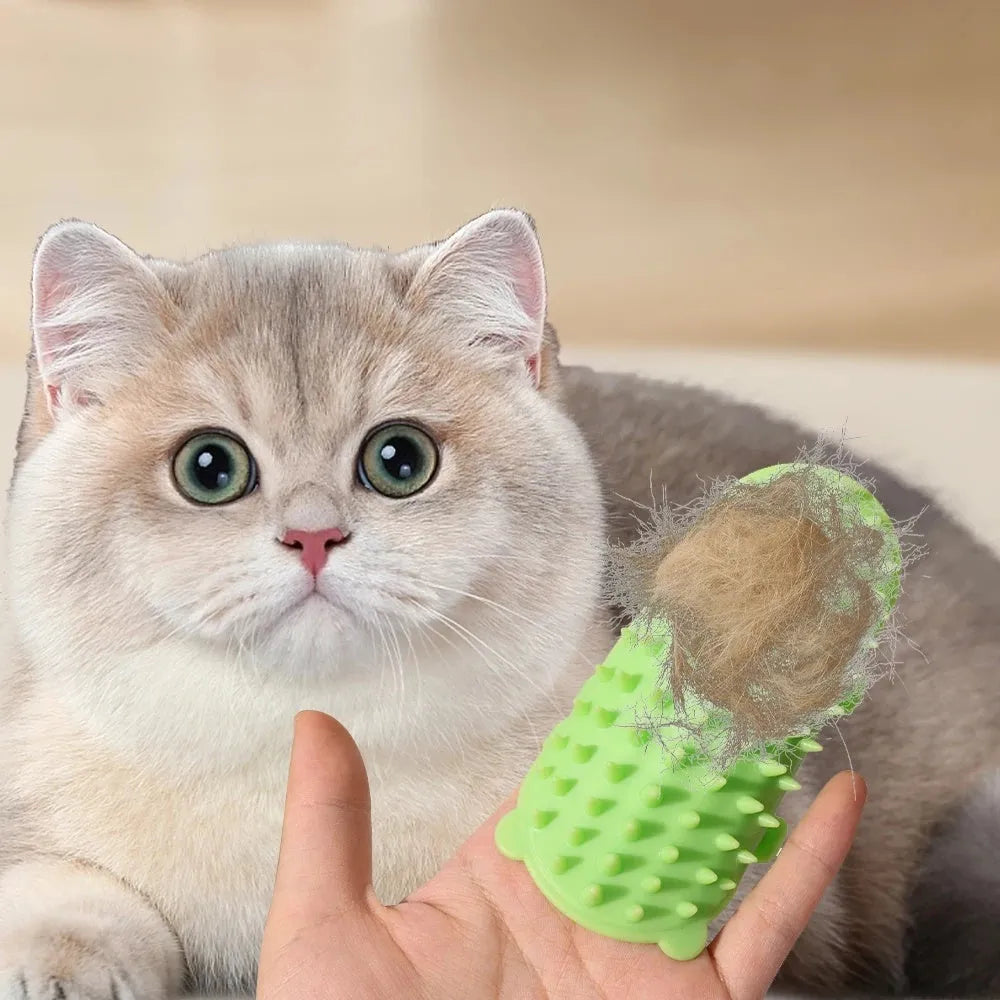 Silicone cat grooming and scratching comb with adjustable strap in black, green, pink, or yellow.