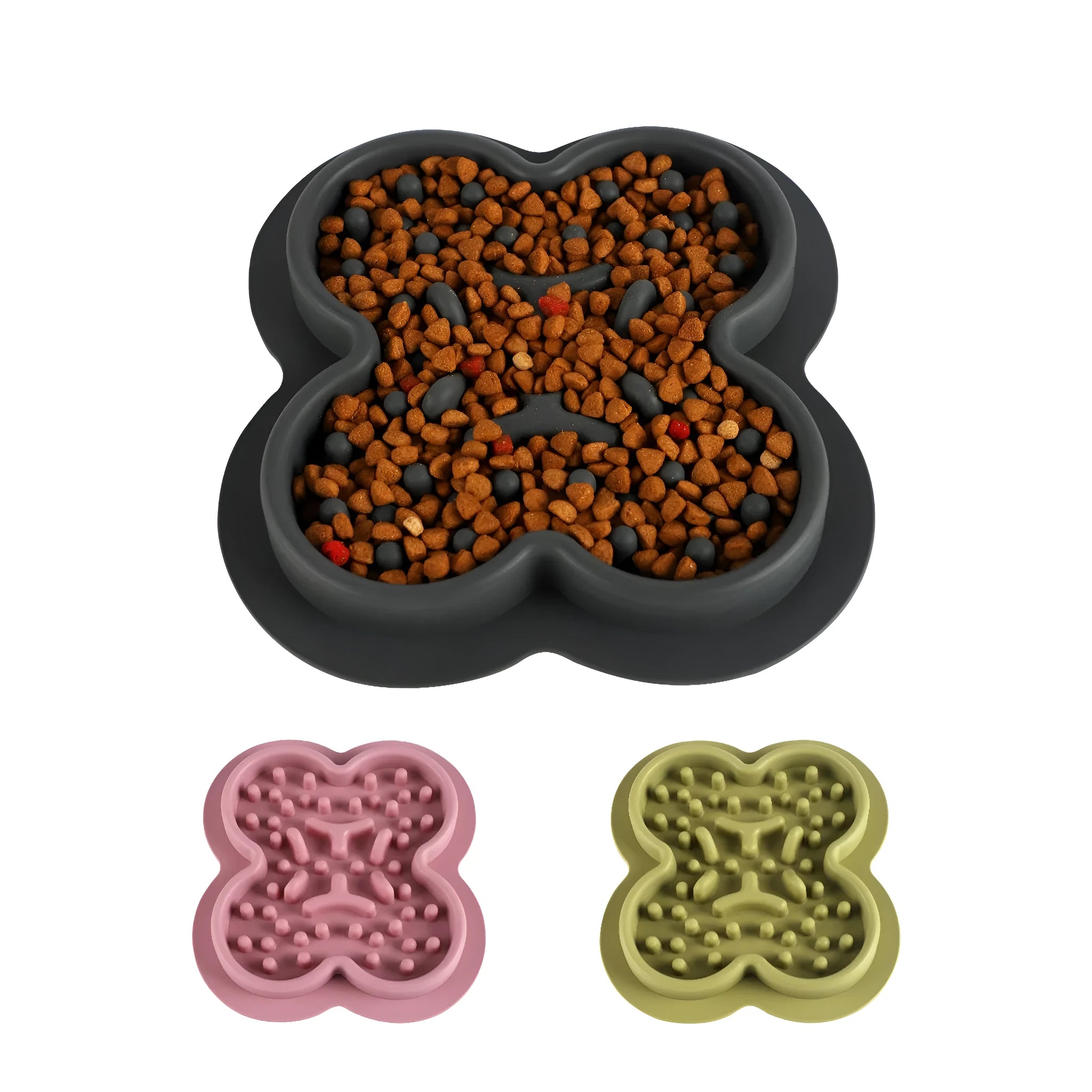 Silicone slow feed licking pad for cats and dogs on a floor, showing textured surface and raised edge.