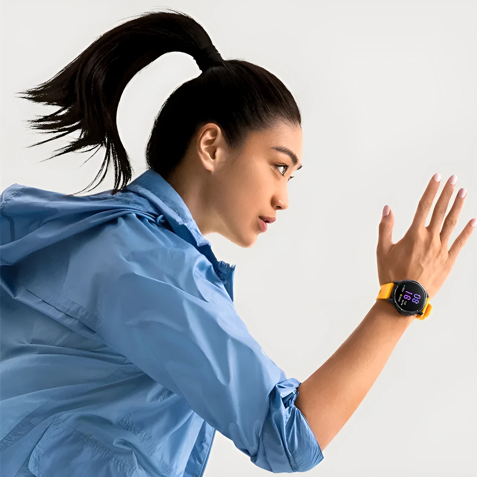 Dual Band GPS smart watch with a 1.43-inch screen on a silicone strap, shown in black, white, and blue colour options.