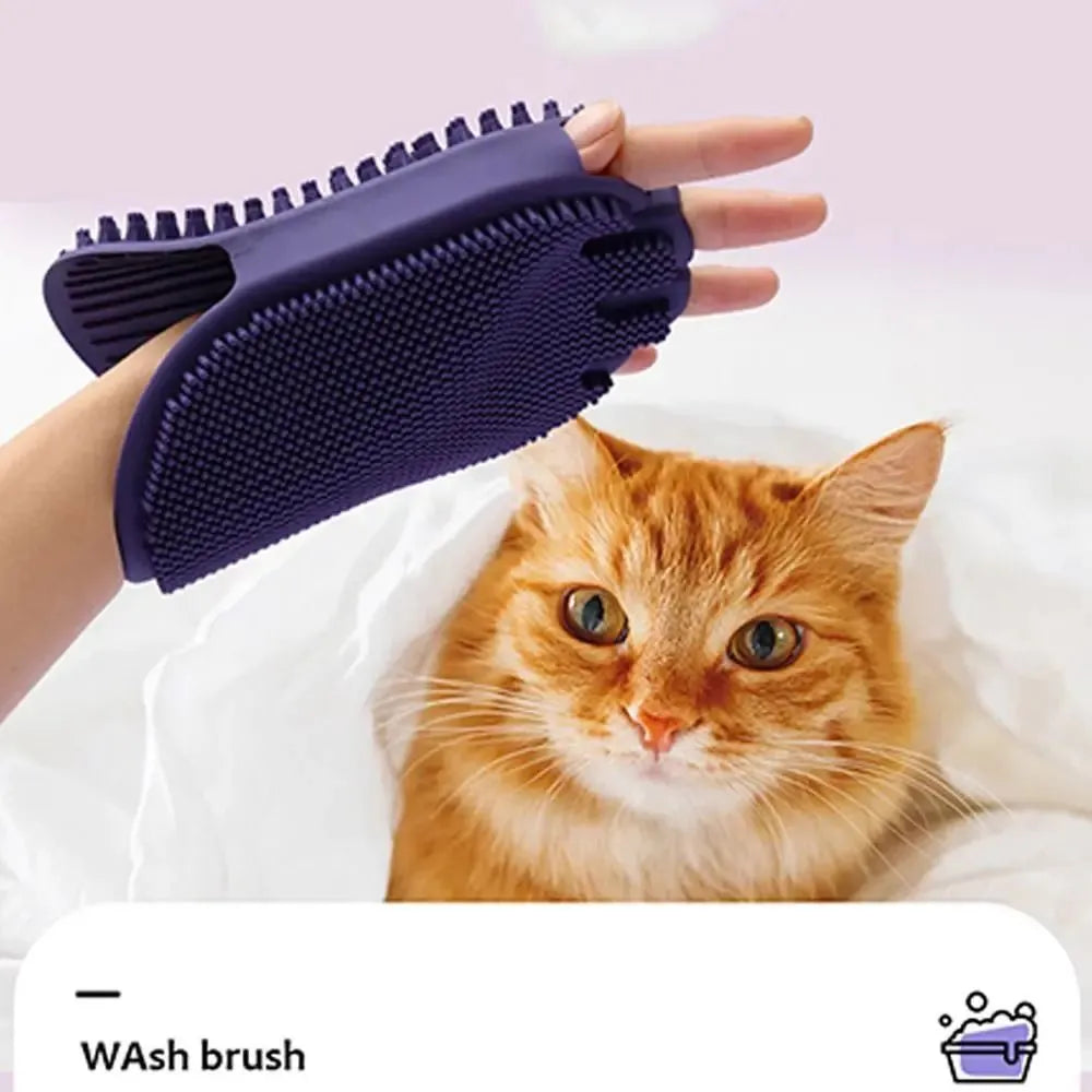 Purple dual-sided pet shampoo brush with soft TPR bristles and ergonomic handle for dog and cat grooming
