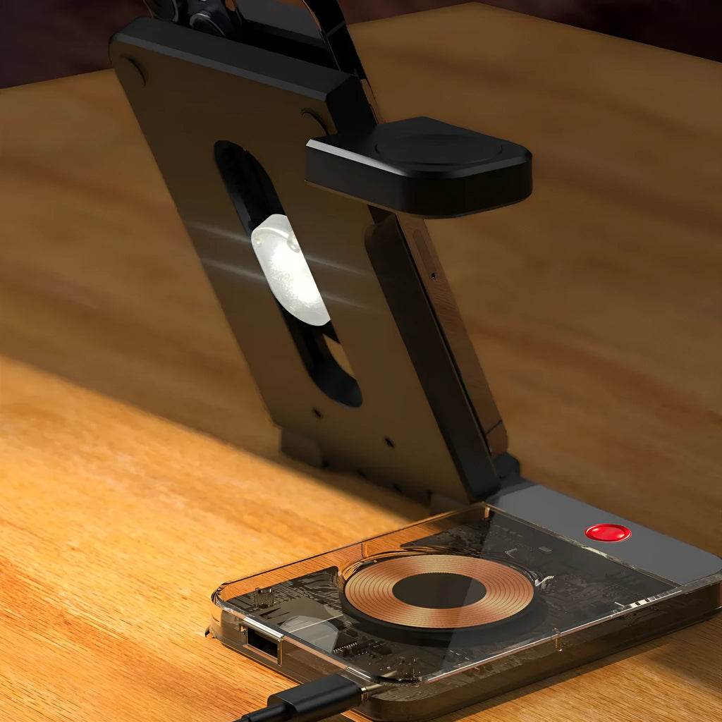 Foldable three-in-one wireless charging stand showing magnetic phone charger, Apple Watch dock, and earphone charging base