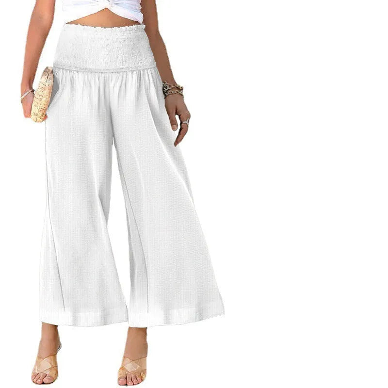 Women's high waist casual trousers in cotton linen blend, cropped length, straight leg with pleating detail.