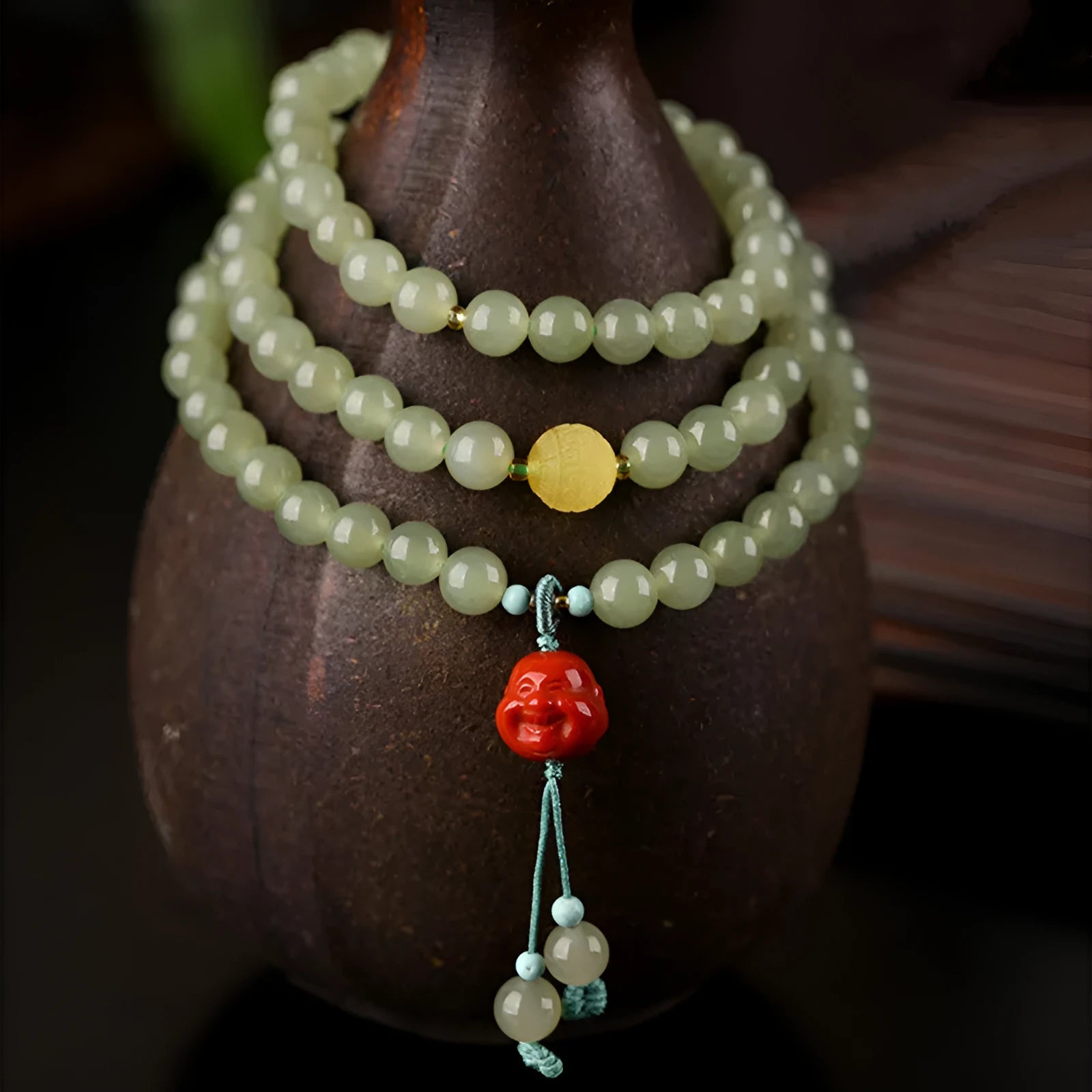 Pale blue Hetian jade bracelet with 6mm beads in three-circle design for women