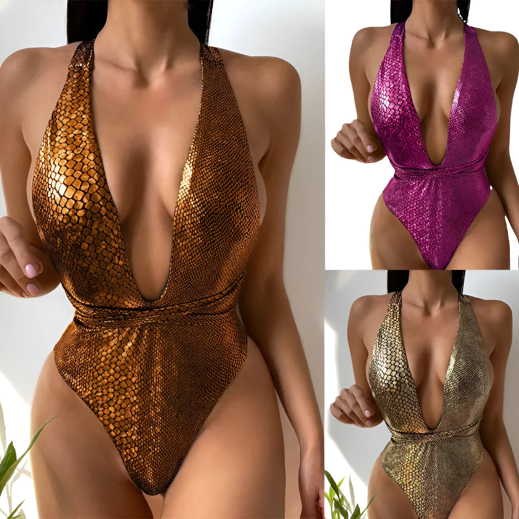Women's sequined one-piece swimsuit in solid colours: rose red, orange, white, gold, pink, or green.