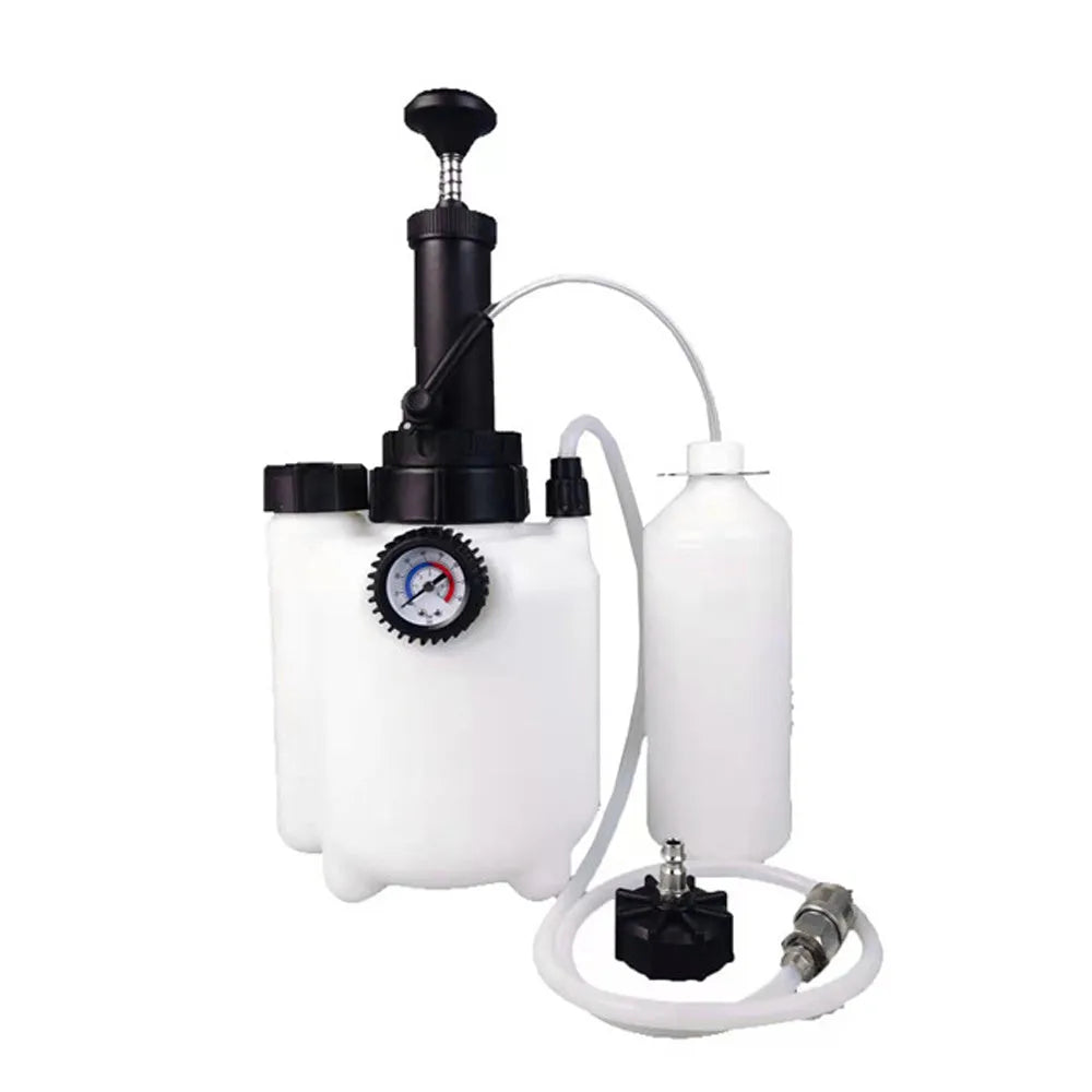 White 3-litre plastic brake fluid tank with copper and iron pump fittings for automotive service.