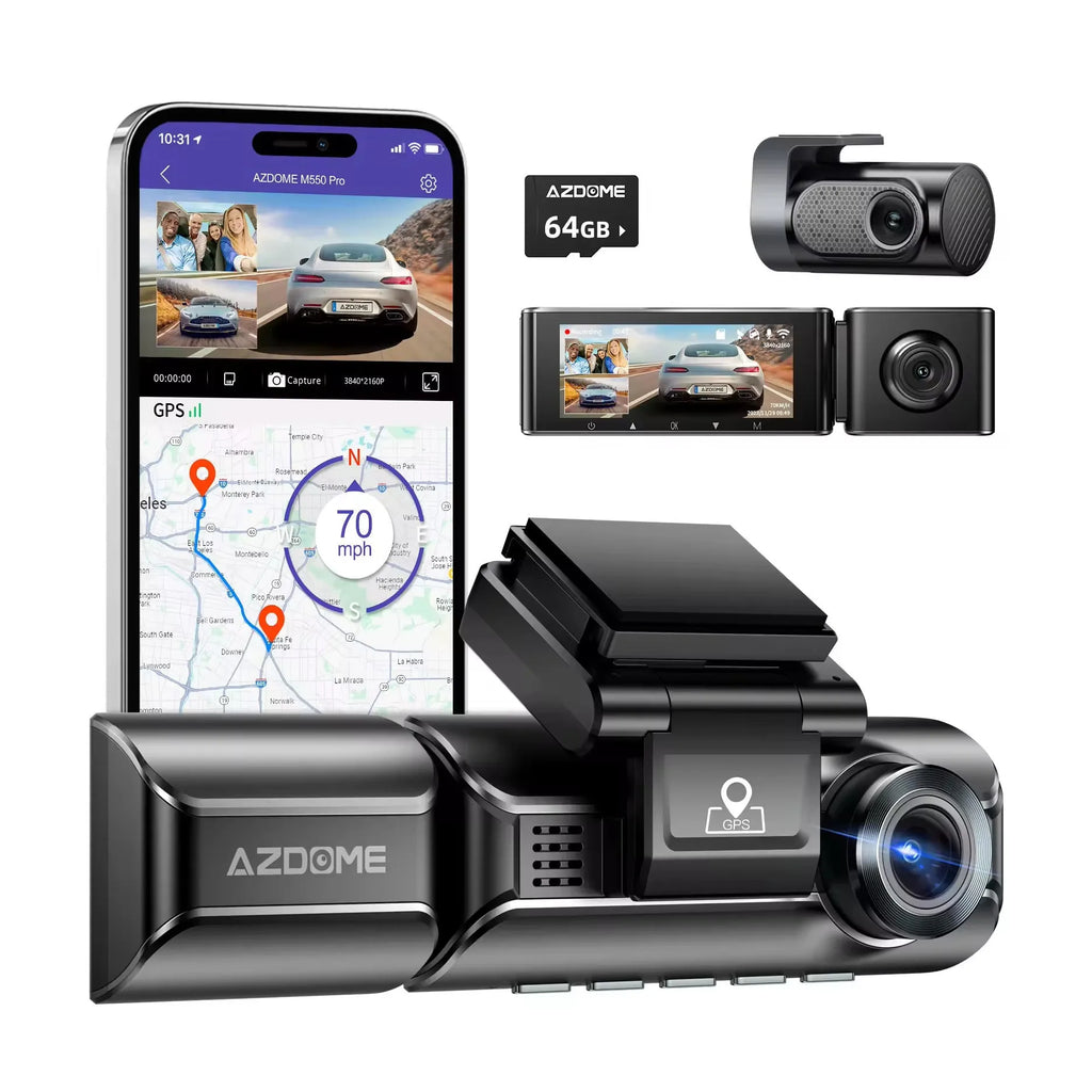 2K driving recorder with 3-inch screen, front and rear cameras, car charger and mounting bracket
