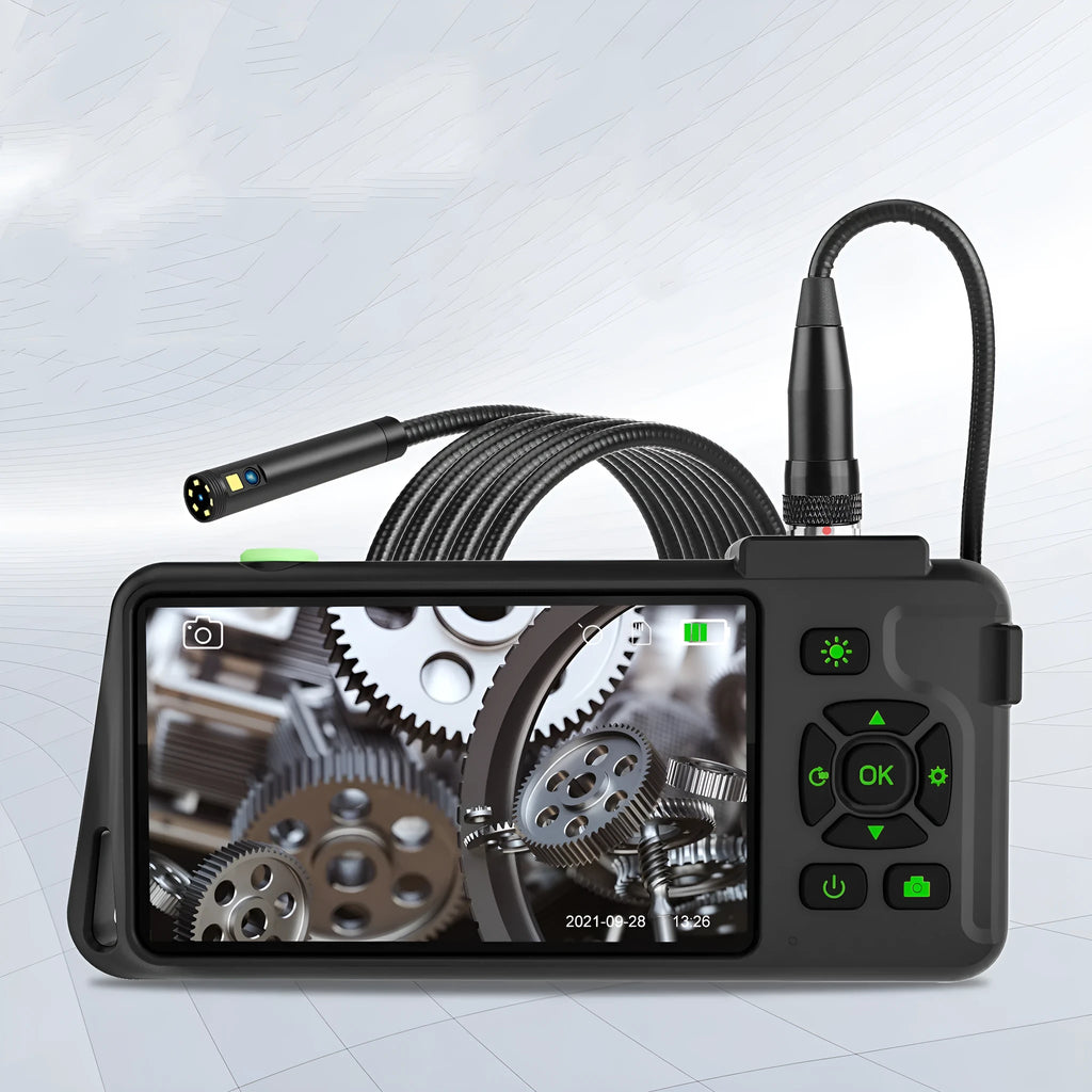 Handheld industrial endoscope with 4.5-inch colour screen and attached 5.5mm inspection camera on a cable.