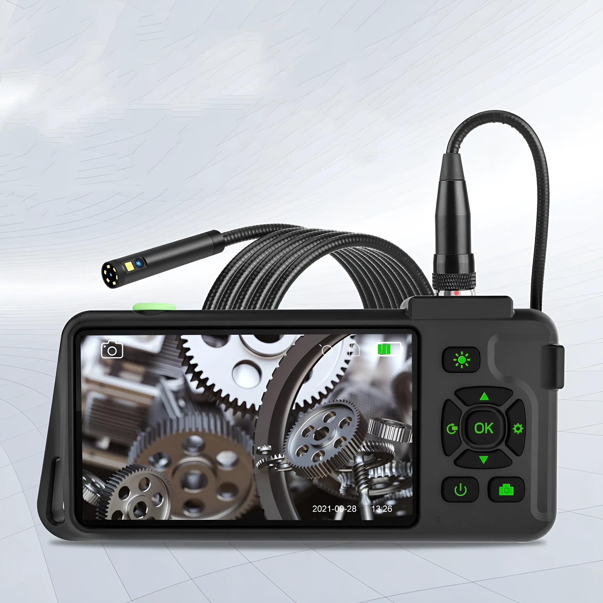 Handheld industrial endoscope with 4.5-inch colour screen and attached 5.5mm inspection camera on a cable.