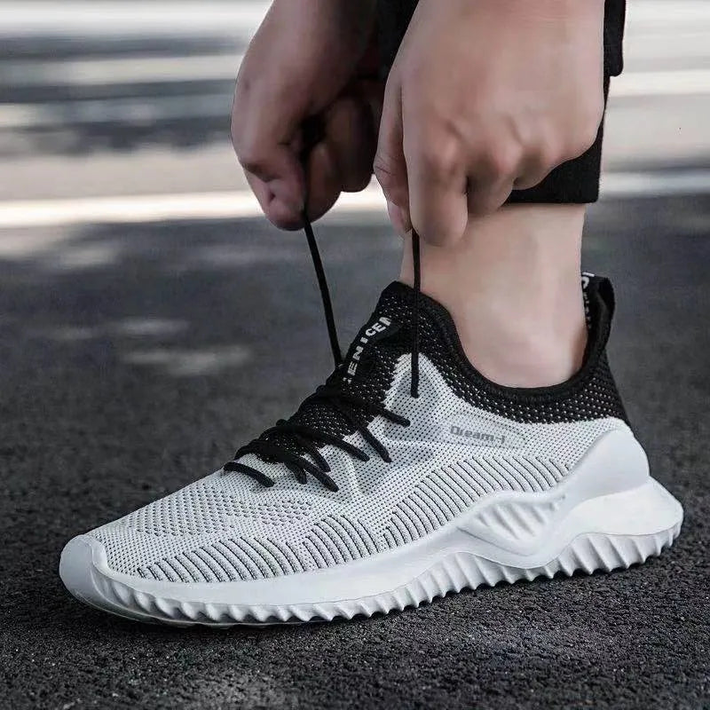 Men's breathable mesh round head casual sneakers with rubber sole, low heel, in black grey and khaki