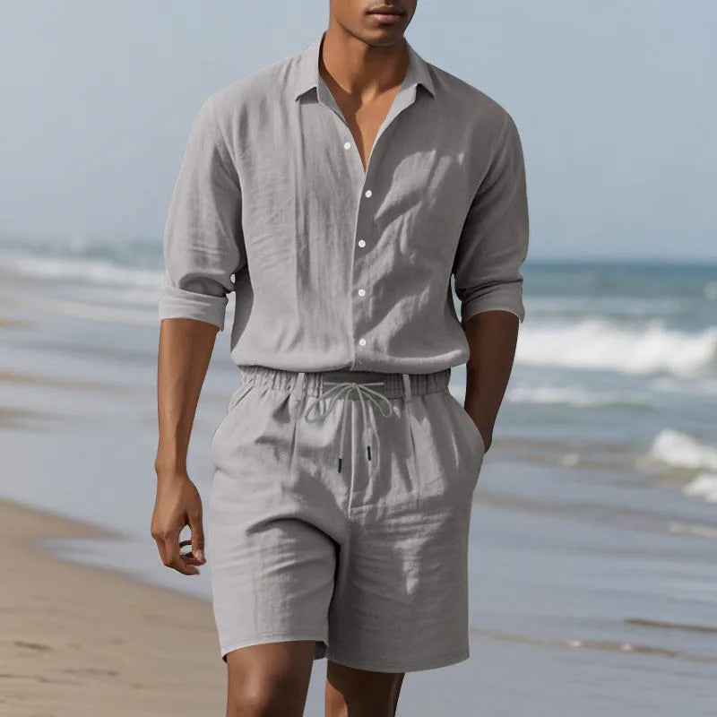 Men's linen beach suit set with long sleeve shirt and shorts in multiple colour options