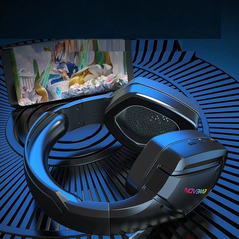 Black wireless Bluetooth headset with RGB lighting and over-ear design for noise reduction