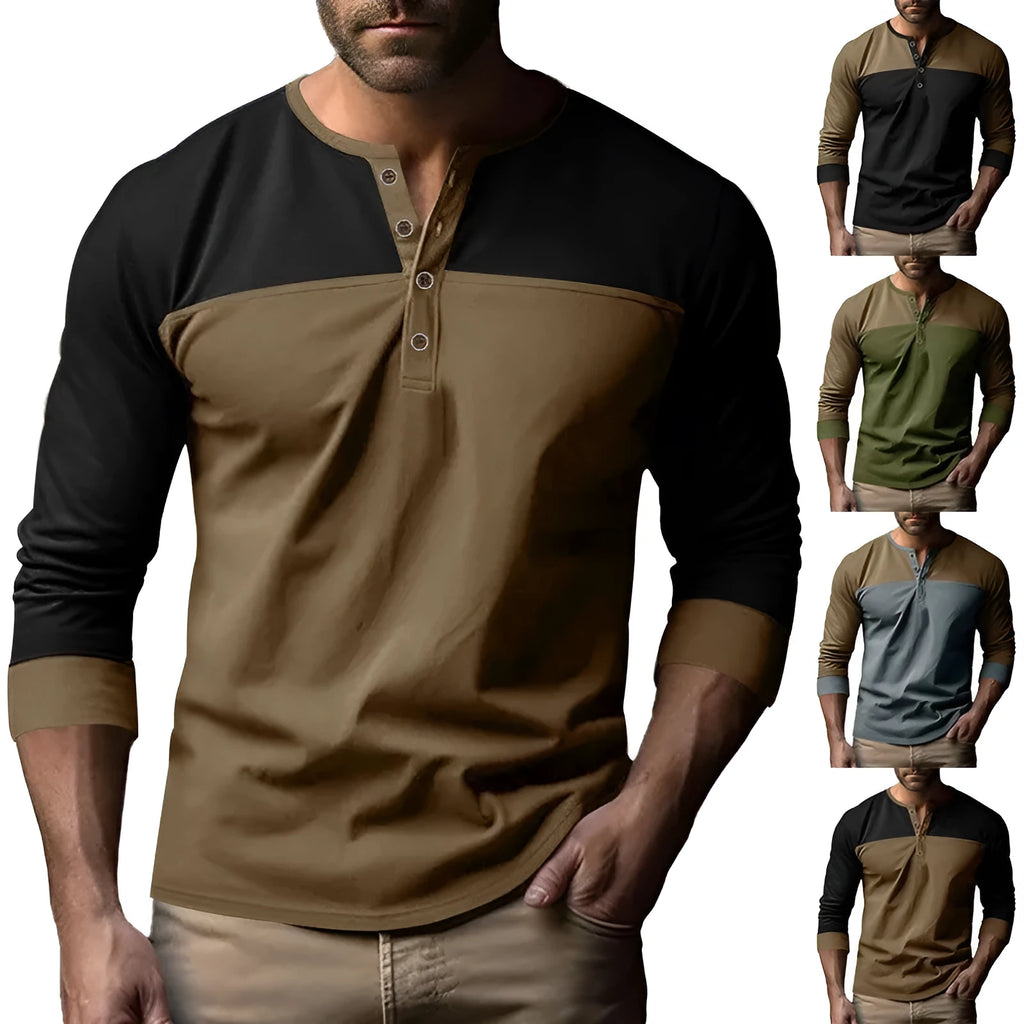 Henry collar casual long sleeve shirt in beaded twill polyester with colour matching details