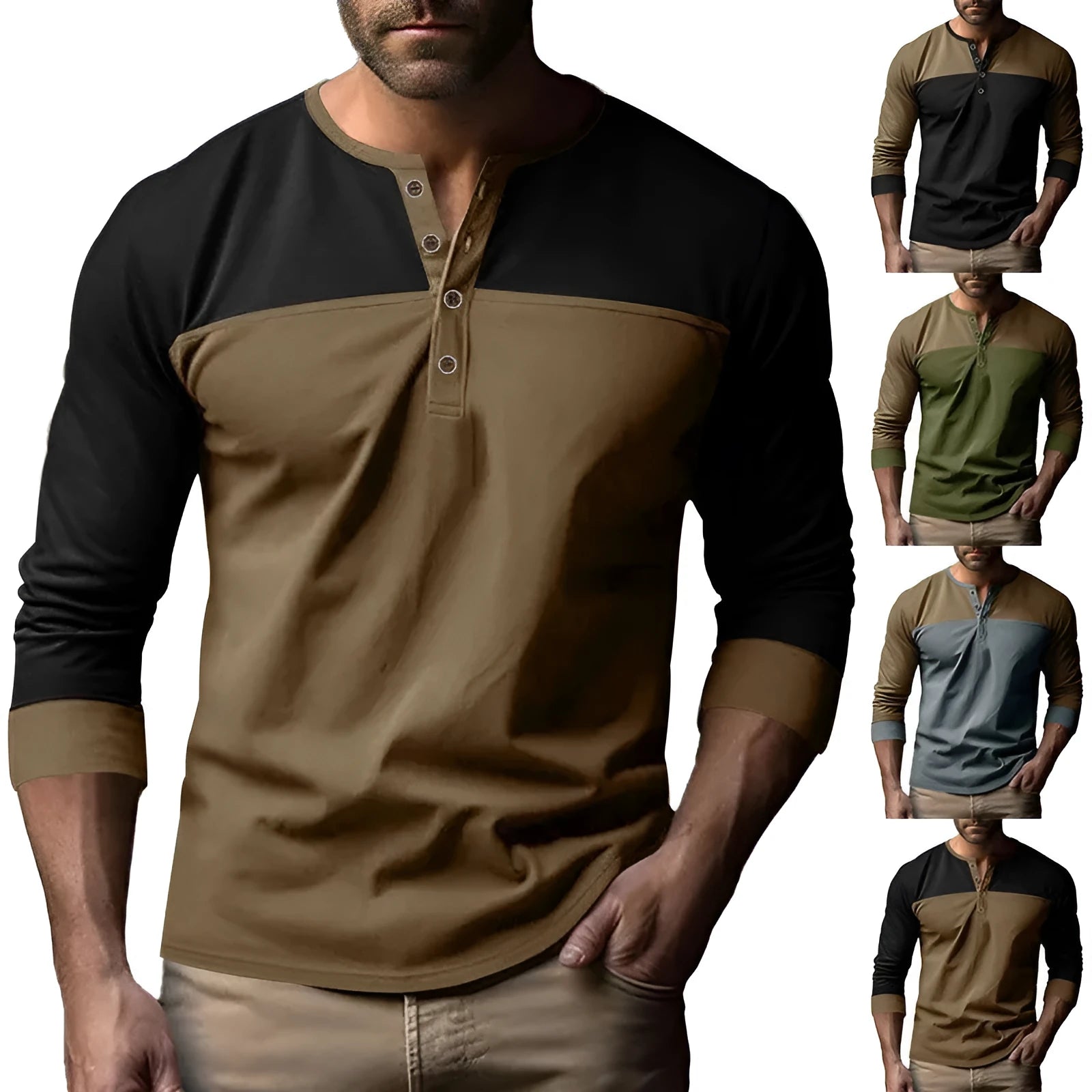 Henry collar casual long sleeve shirt in beaded twill polyester with colour matching details