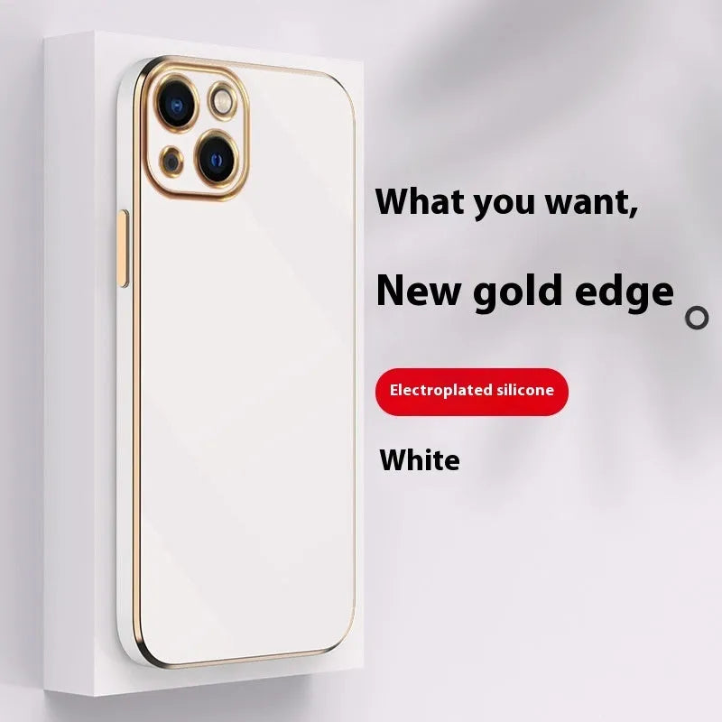 iPhone 15 Pro in a mint green TPU phone case with a silver electroplated edge on a white surface.
