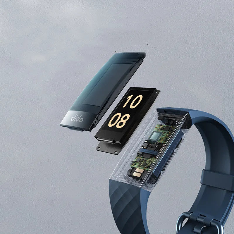 Y6 Black smart health bracelet with touchscreen displaying blood pressure and ECG graphs on a wrist.