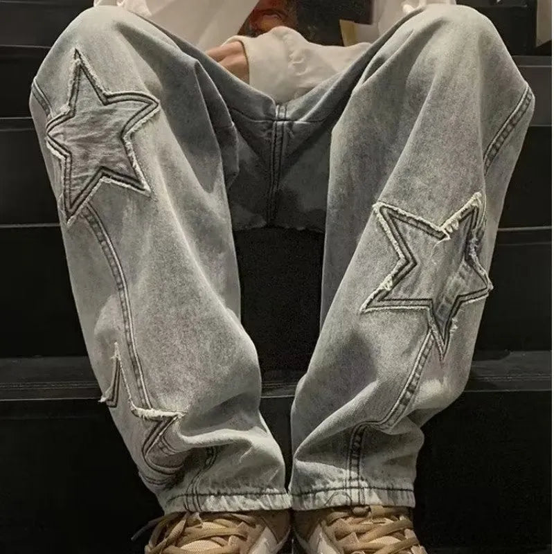 Star embroidery straight leg casual men jeans gothic wide leg hip-hop denim trousers in blue colour