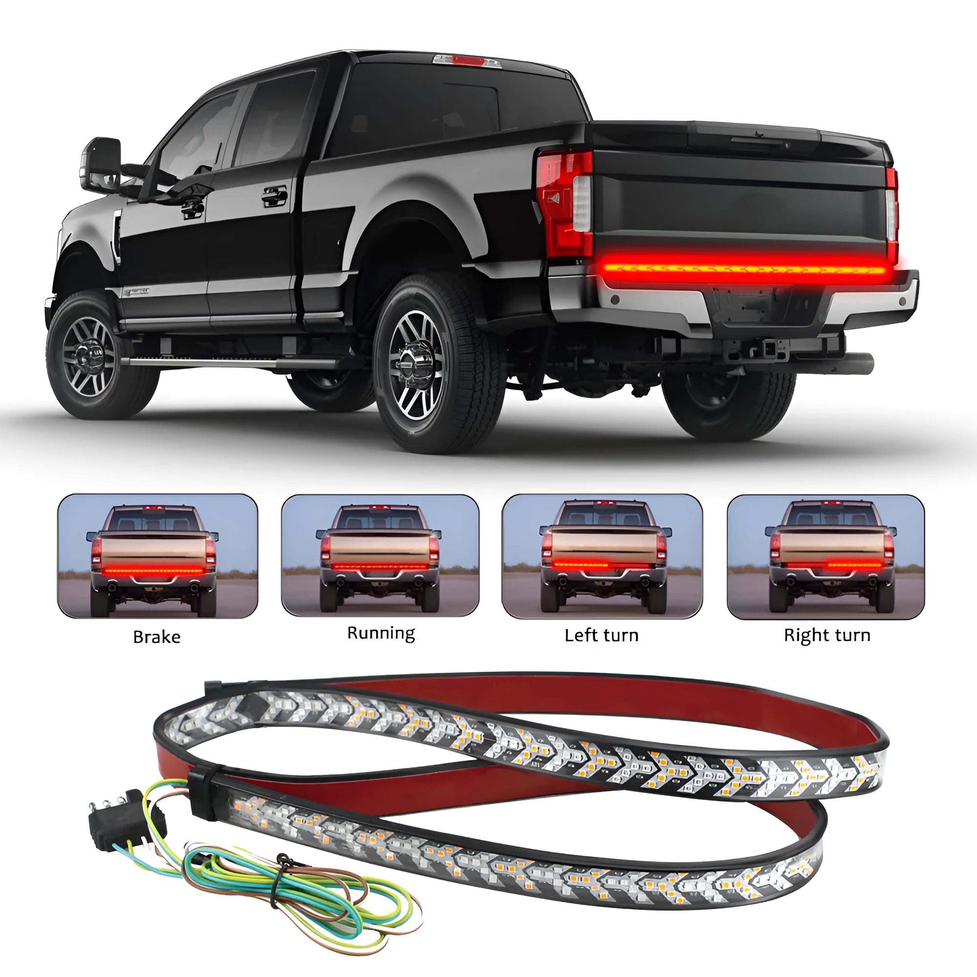 60-inch LED two-color turn signal light strip for pickup tailgate with IP68 waterproof rating and 4PIN connector