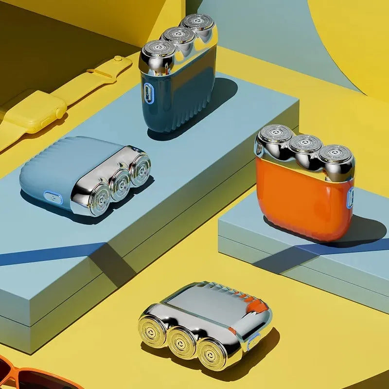 Three-head magnetic electric shaver in four colour options showing floating cutter design
