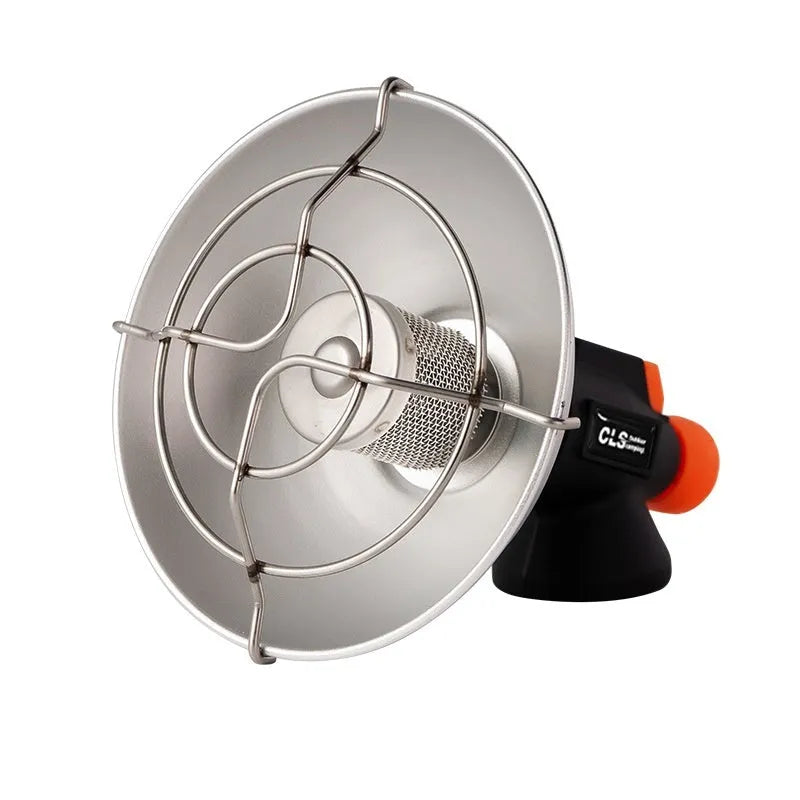 Black and orange portable camping heating stove with automatic ignition.