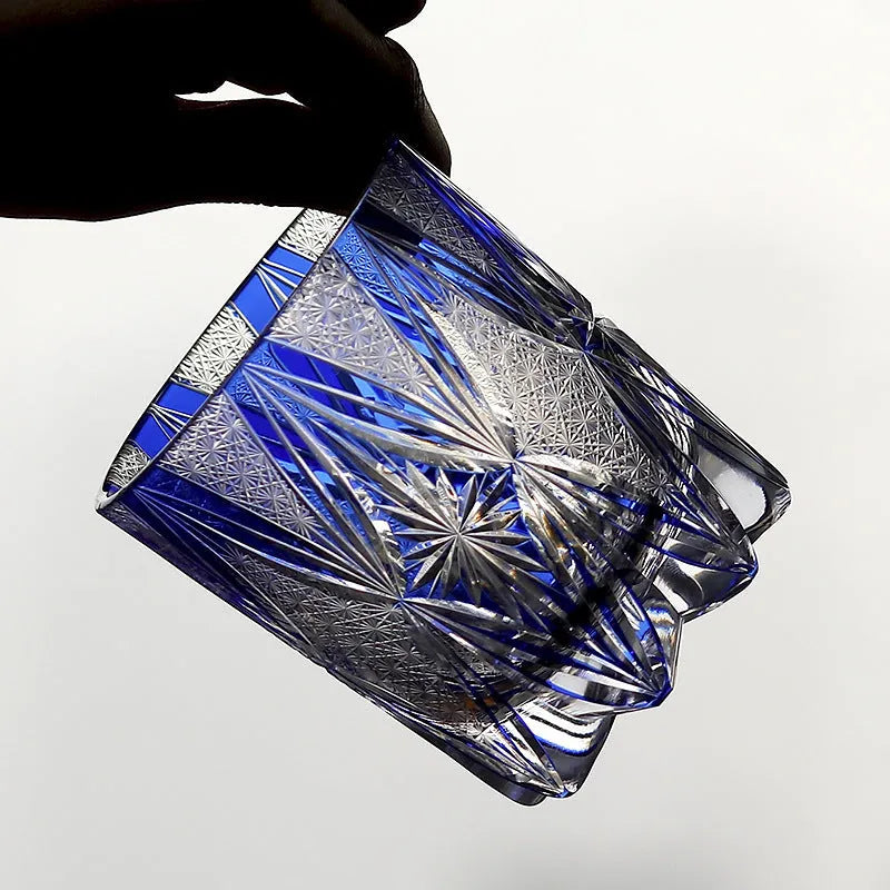 Hand carved blue crystal glass wine glass with 260ml capacity, Japanese mild luxury retro style