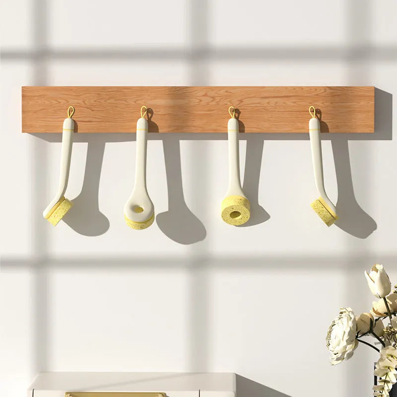 Wood pulp sponge cleaning brush with PP handle and peeling knife, shown with three or six brush heads