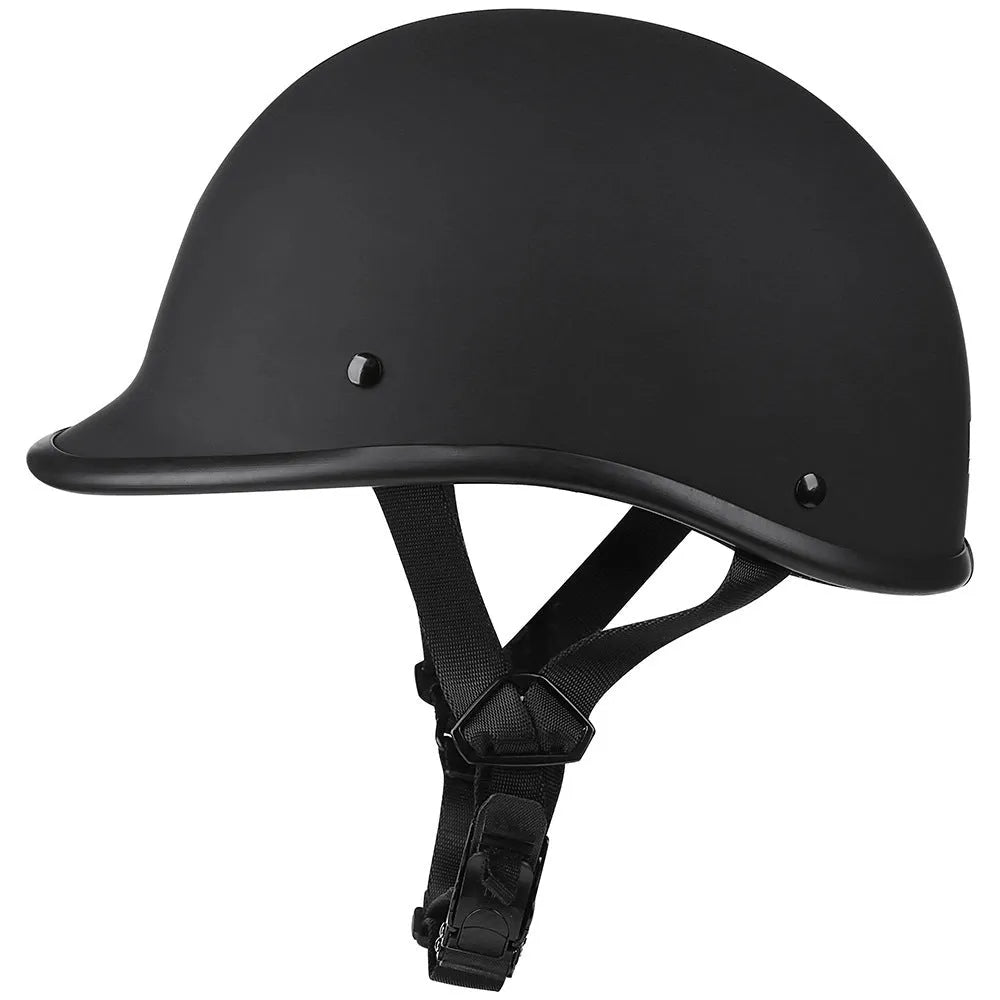 Retro style motorcycle helmet in ABS plastic shown in matte black and other colour options.