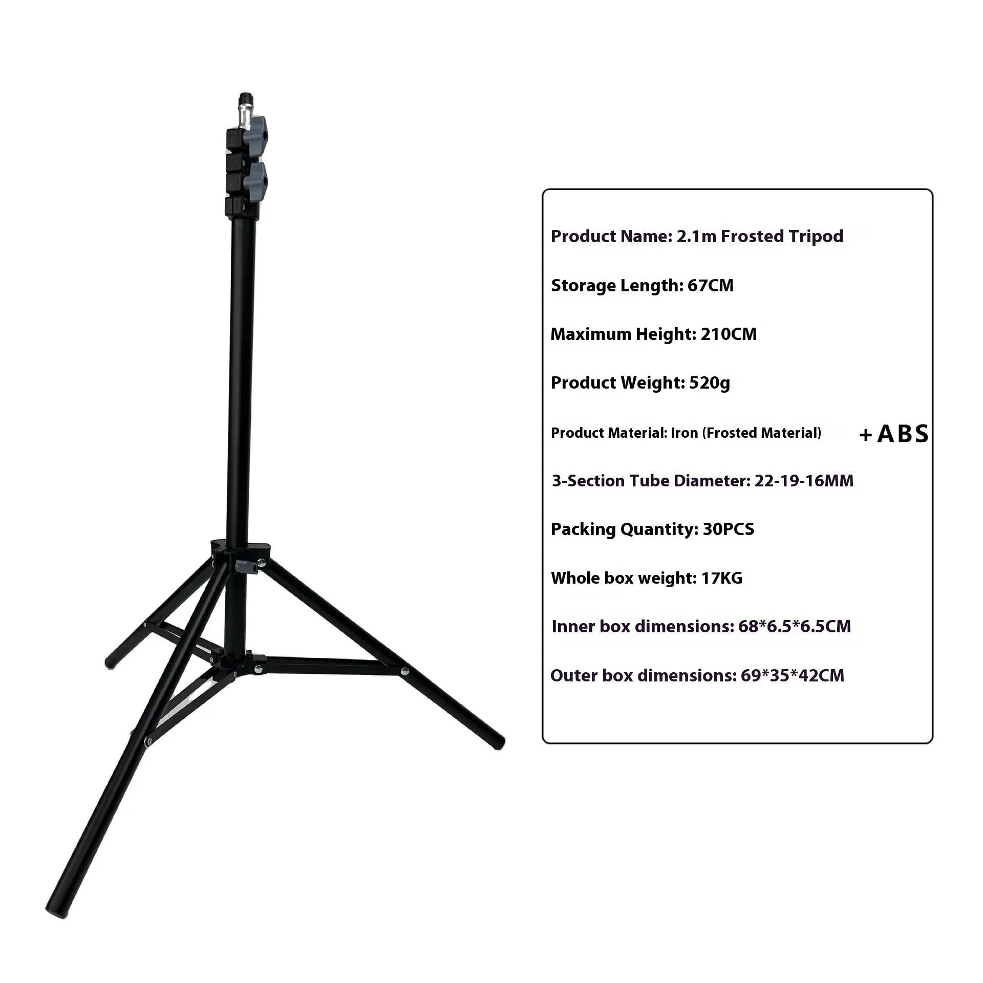 Carbon steel tripod stand with frosted legs and mobile phone holder attached