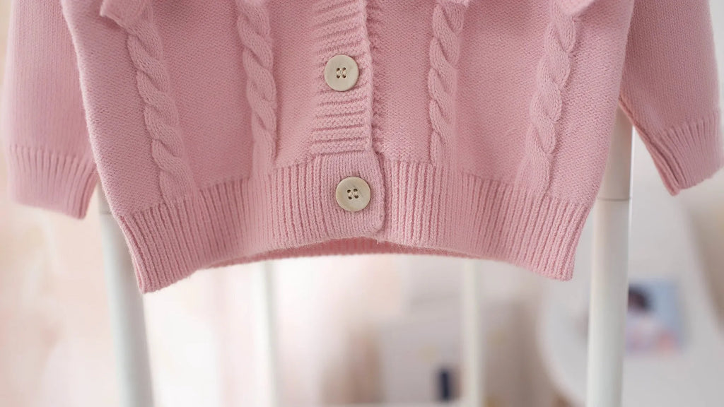 Girls V-neck bow knot cardigan in beige acrylic knit suitable for children 80-120cm tall