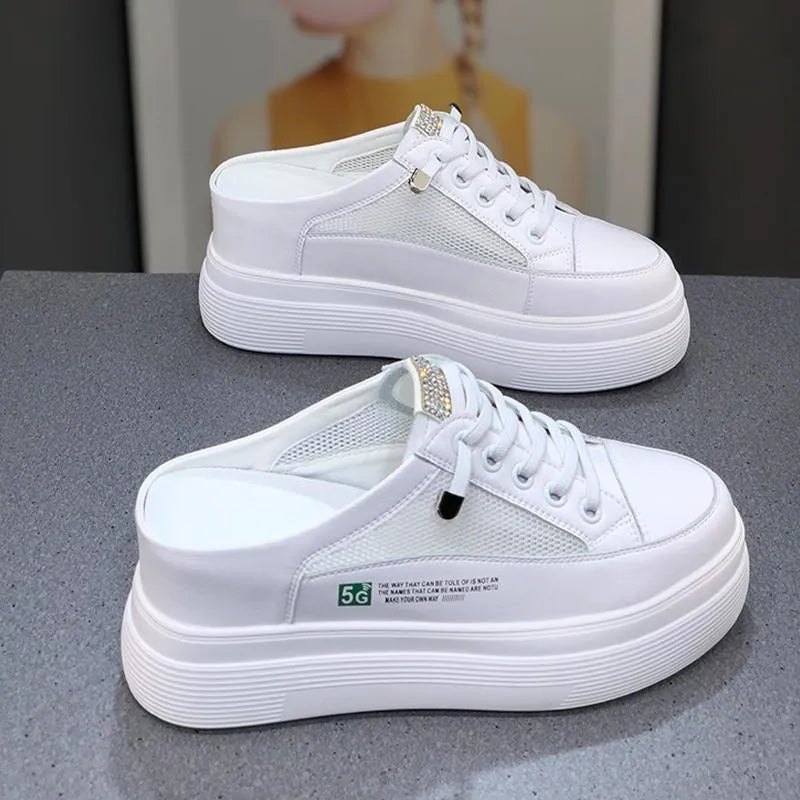 White women's mesh platform shoes with round toe and heel-free design