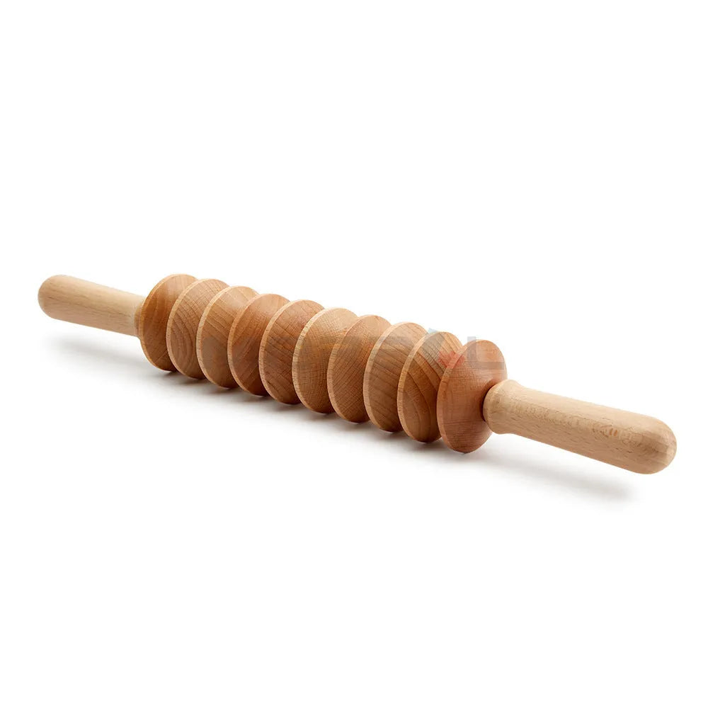 Beech wood massage roller kit showing T-shaped roller and assorted wheeled massagers on a table.