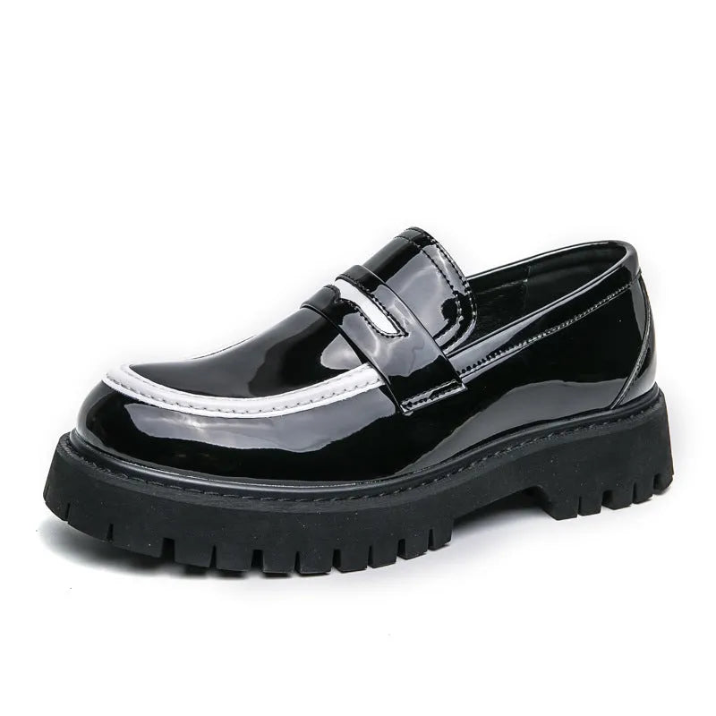 Men's chunky heel platform leather shoes in bright black with round toe and low tube design