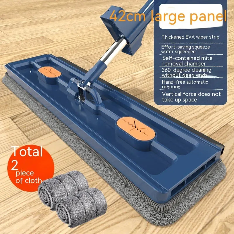 Large blue flat mop with a long silver handle showing the rotating head and built-in dewatering scraper.