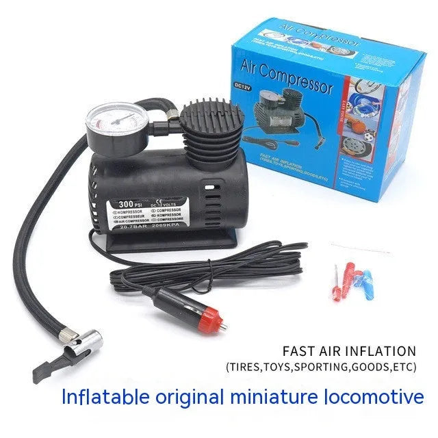 Black 12V mini car air pump with compact dimensions for tyre inflation
