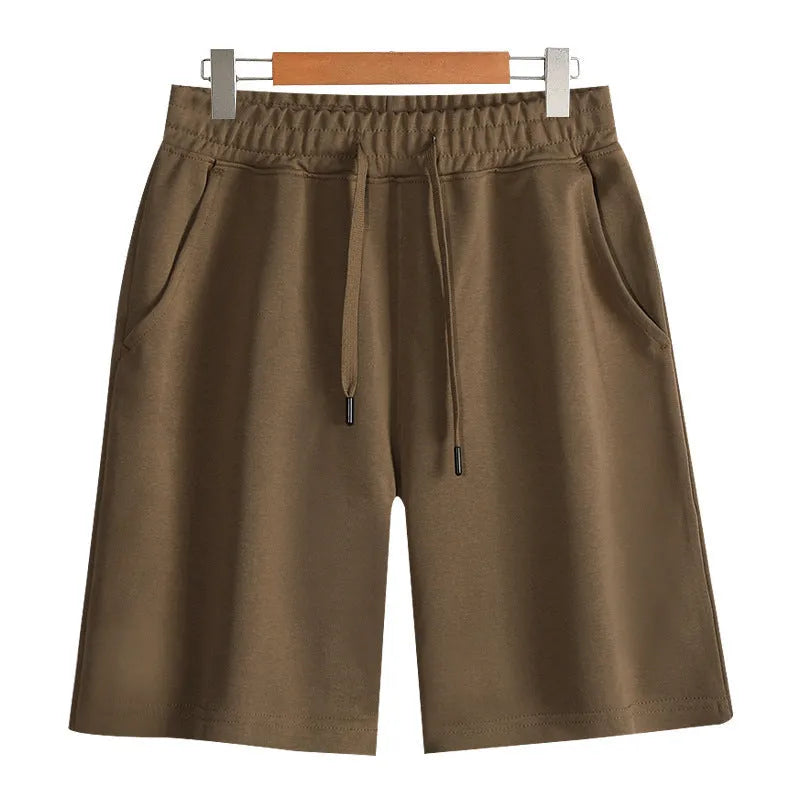 Straight-leg cotton shorts for summer in grey, shown on a hanger.