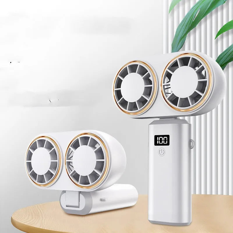 USB handheld mini fan with digital display screen in folded position showing milky white colour option