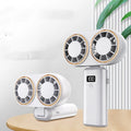 USB handheld mini fan with digital display screen in folded position showing milky white colour option