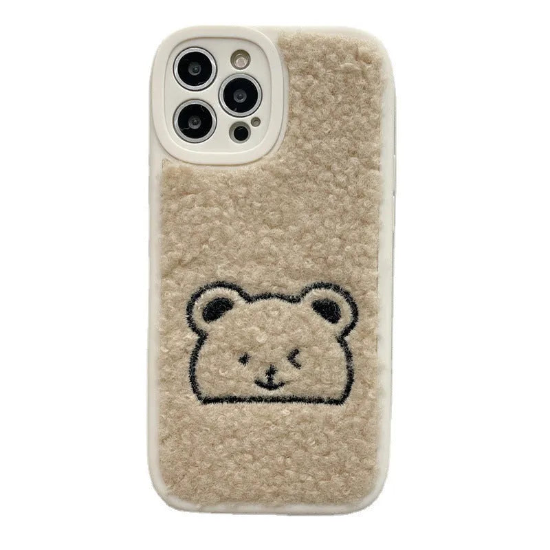Plush embroidered bear shockproof phone case in light khaki for iPhone