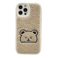 Plush embroidered bear shockproof phone case in light khaki for iPhone