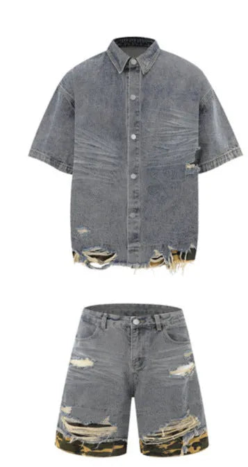 Leopard print denim short sleeve jacket and matching shorts set with raw cut edge stitching.