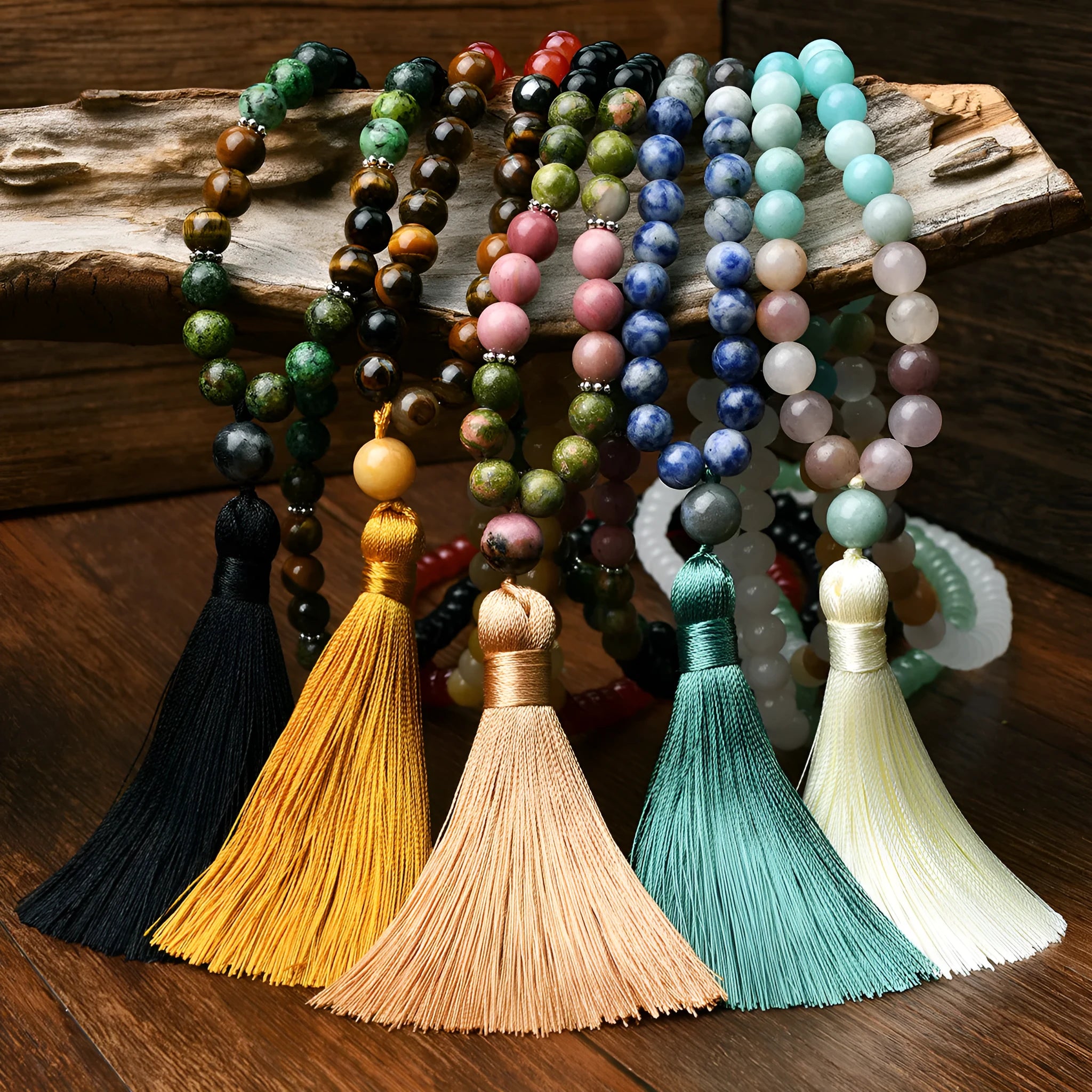 Long 108-bead natural stone necklace with a geometric tassel pendant in bohemian style.