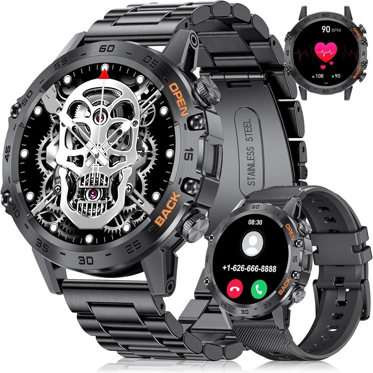 K52 Bluetooth smart watch with black strap, IPS screen, and health monitoring sensors on a table