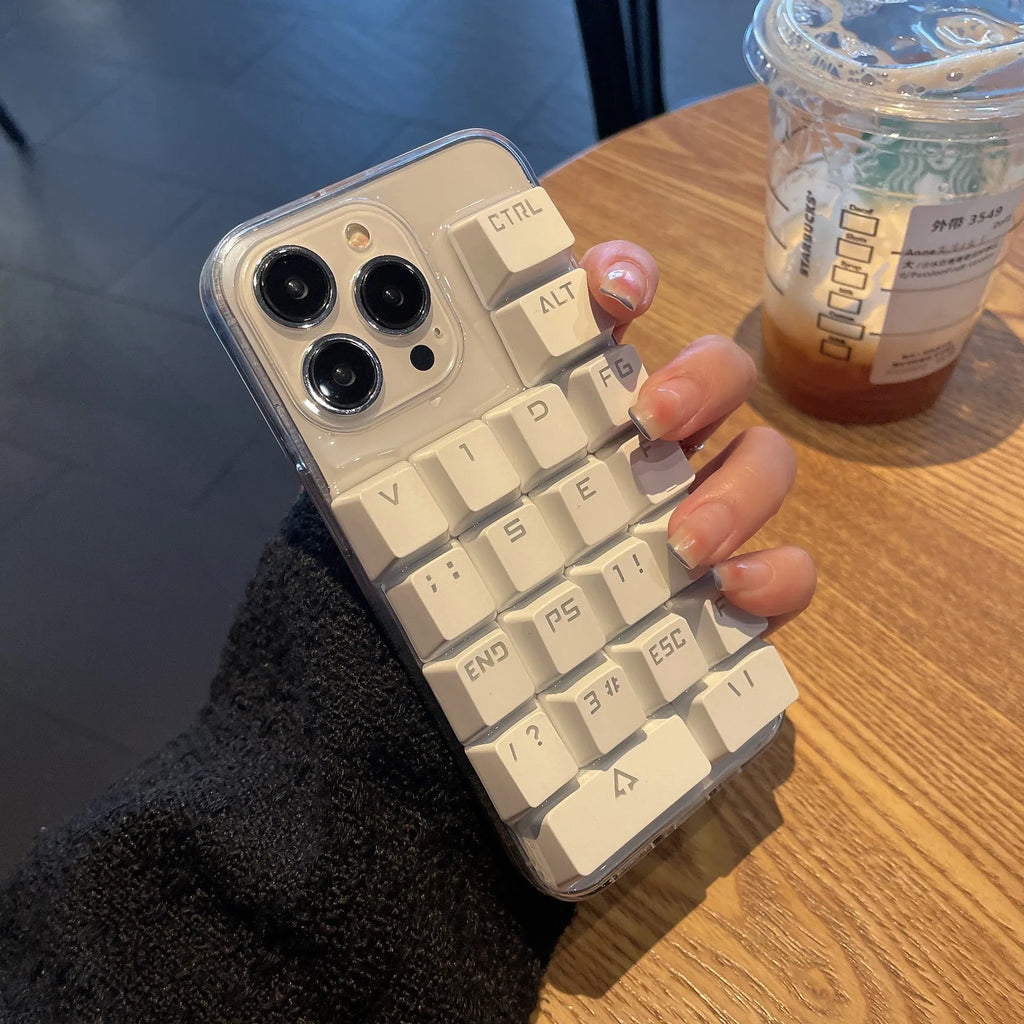 Creative keyboard mobile phone case with dripping glue material in keyboard colour, back cover type for Apple iPhone models.