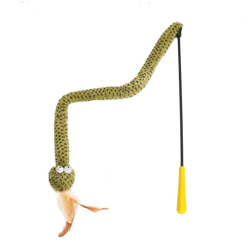 Green extendable cat teaser stick with feather attachment measuring 140cm long