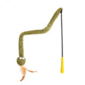 Green extendable cat teaser stick with feather attachment measuring 140cm long