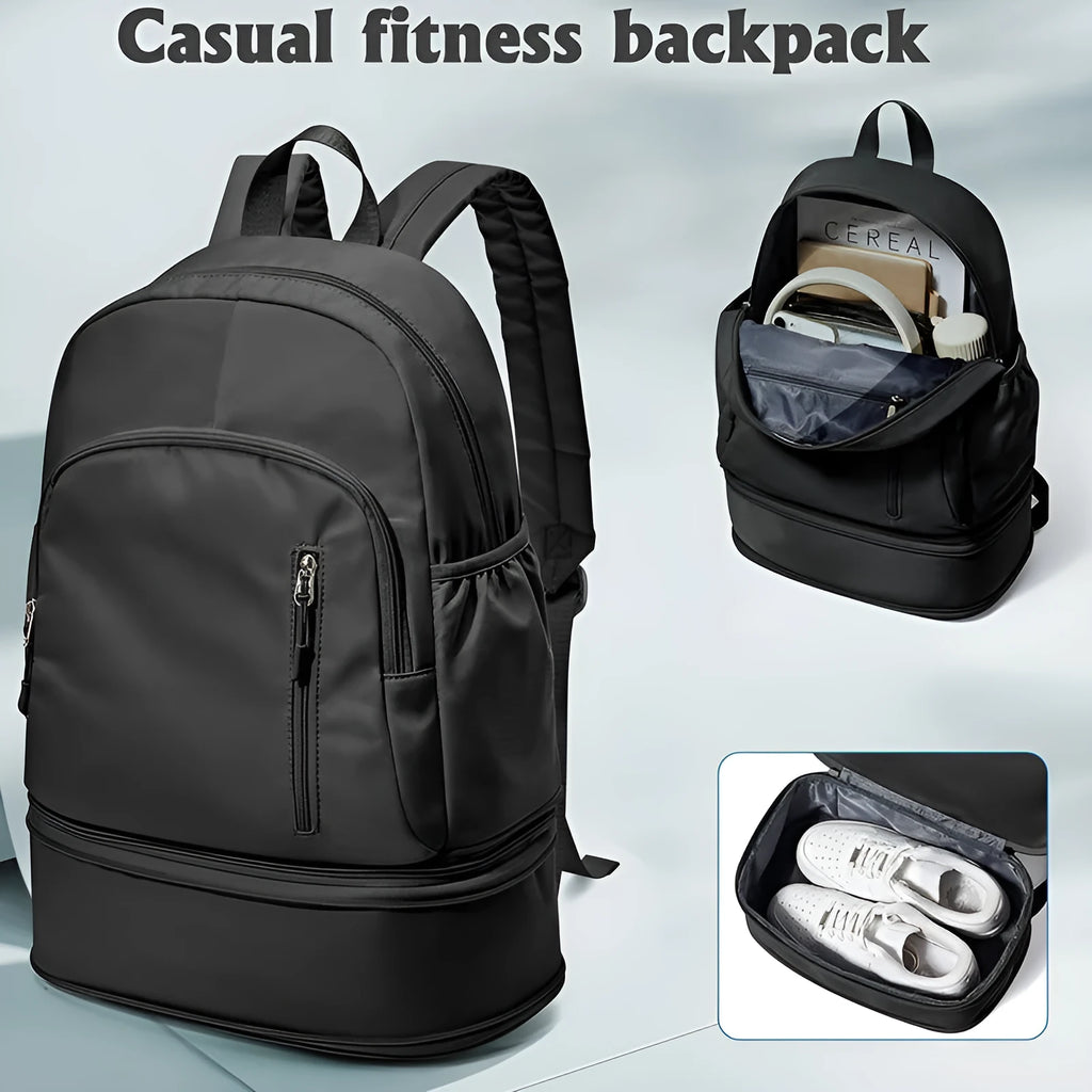 Solid colour polyester backpack with contrast stitching and curved adjustable straps, shown in grey.