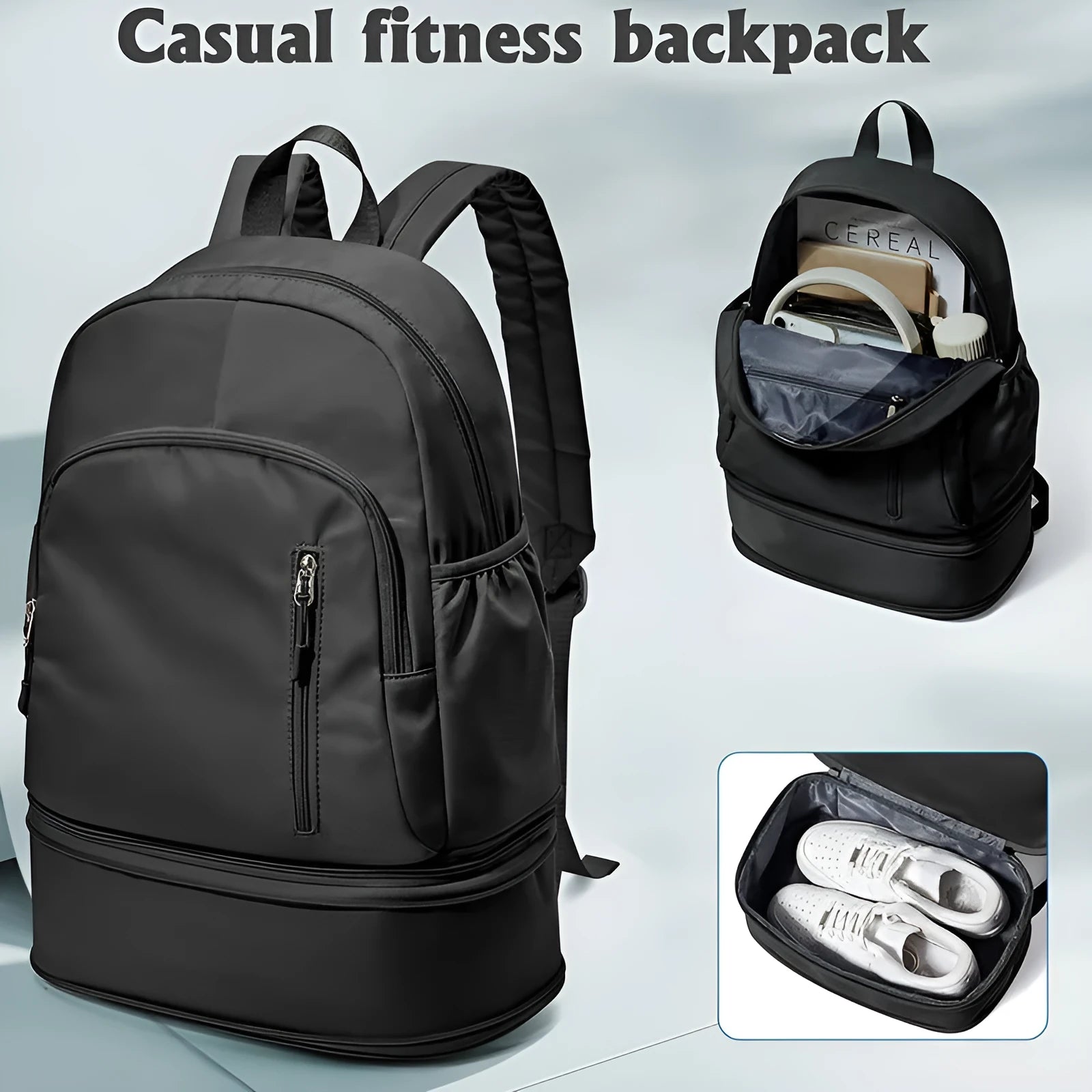 Solid colour polyester backpack with contrast stitching and curved adjustable straps, shown in grey.