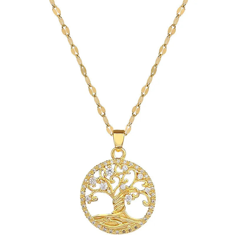Gold-plated cross necklace with mother-of-pearl shell and rhinestone zircon stones on an adjustable chain.