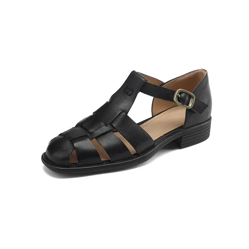 Women's round toe low heel leather retro Roman flat sandals in brown and black options