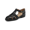 Women's round toe low heel leather retro Roman flat sandals in brown and black options