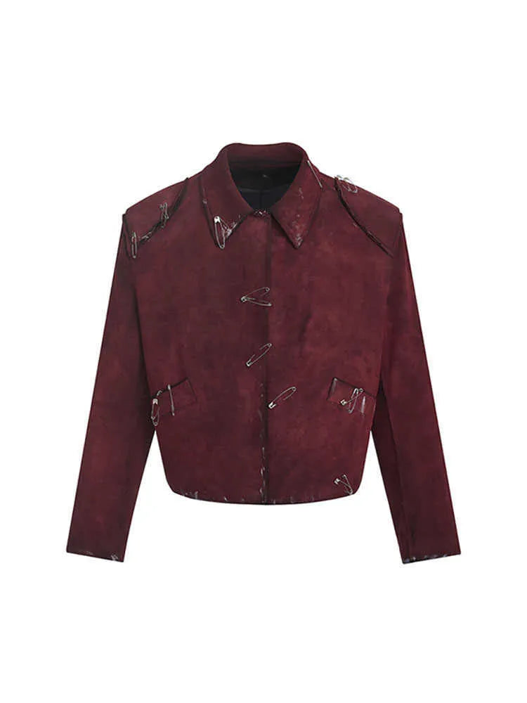 Men's thick quilted flocking decorative pin jacket in red, loose fit with lapel collar